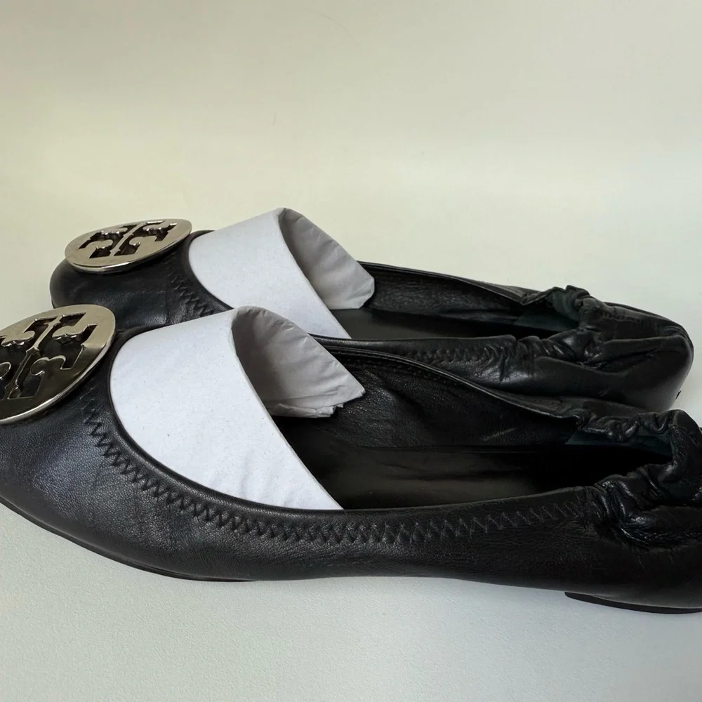 Tory Burch Black Leather Logo Medallion Flats